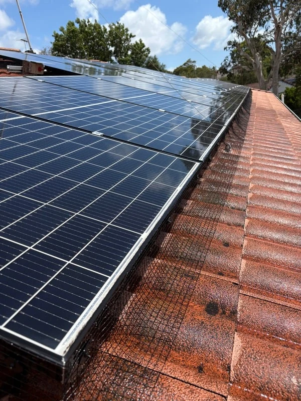 Bird-exclusion mesh fitted around rooftop solar panels, shown on Keep Safe’s website
